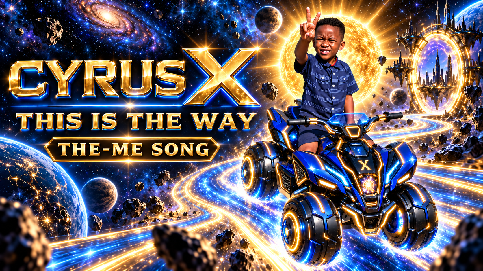 Cyrus X riding his blue and gold X-Traveler across a cosmic roadway